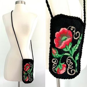 Vintage 70’s black & red embroidered cross stitch flower crossbody purse bag